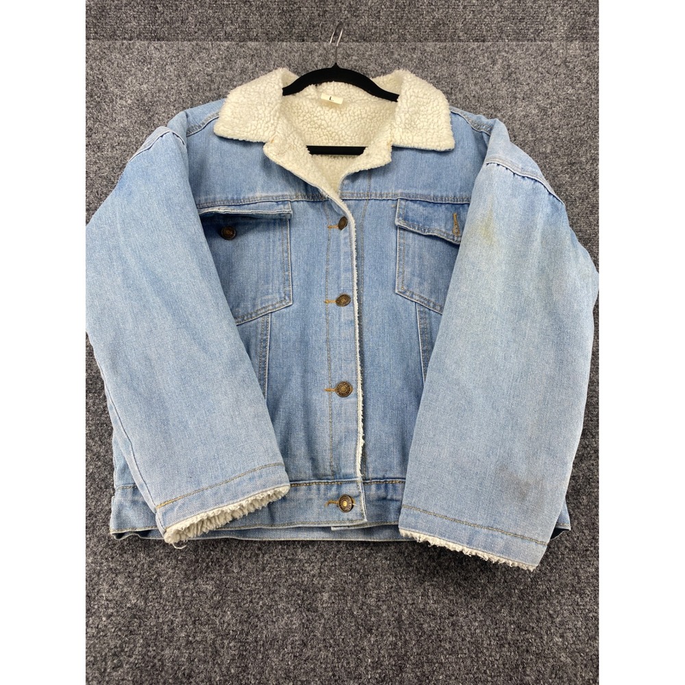 Denim Trucker Jacket Faux Shearling Lined Oversized Light Wash Blue Womens Large